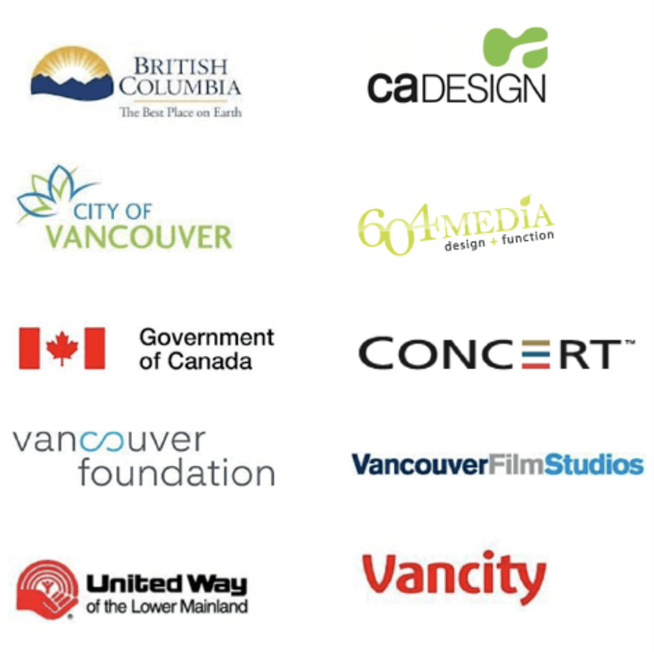 Logos of Province of British Columbia, City of Vancouver, Federal Government of Canada, Vancouver Foundation, United Way, CADesign, 604Media, Concert Properties, Vancouver Film Studios, and Vancity Credit Union.
