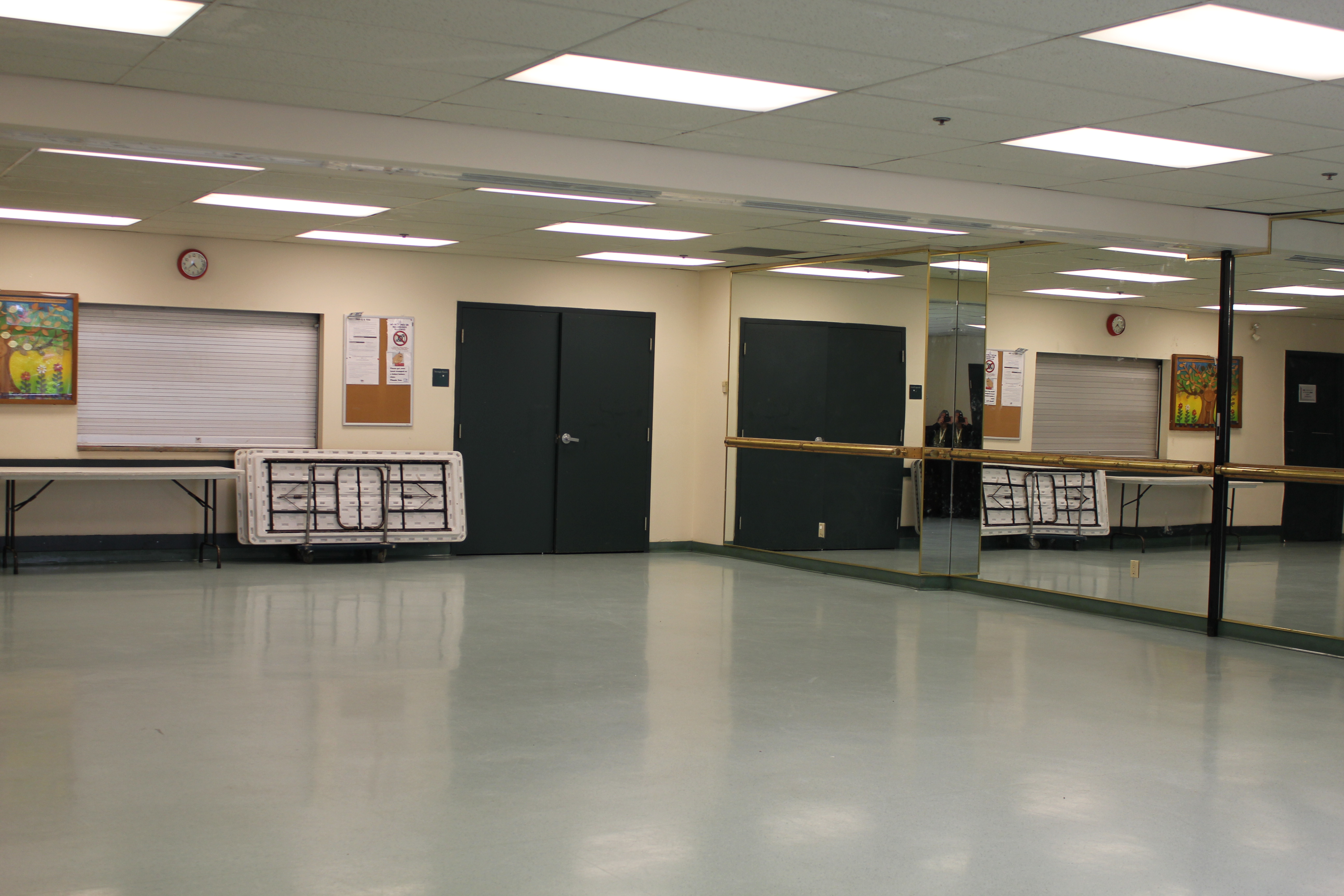 Spacious and empty room with one wall containing mirrors and a door to the storage room.
