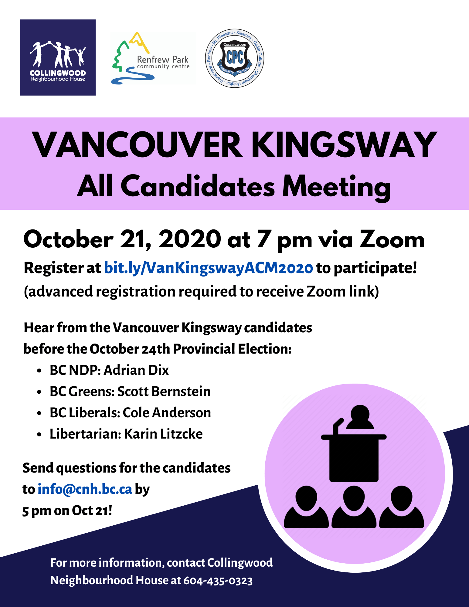 A graphic poster for the Vancouver Kingsway 2020 All Candidates Meeting. There is a graphic image of a person at a podium speaking to three people.