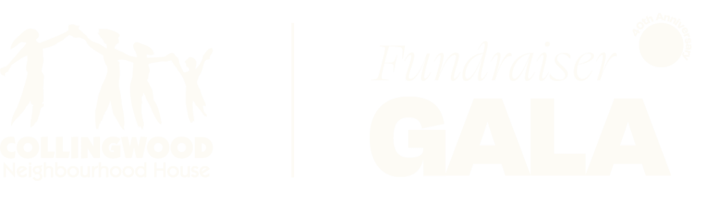 Cream-coloured logos for Collingwood Neighbourhood House and the gala